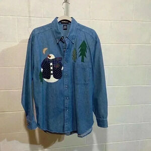 Ultra Club Collection Women LS Shirt MEDIUM Denim Festive Snowman Winter Holiday